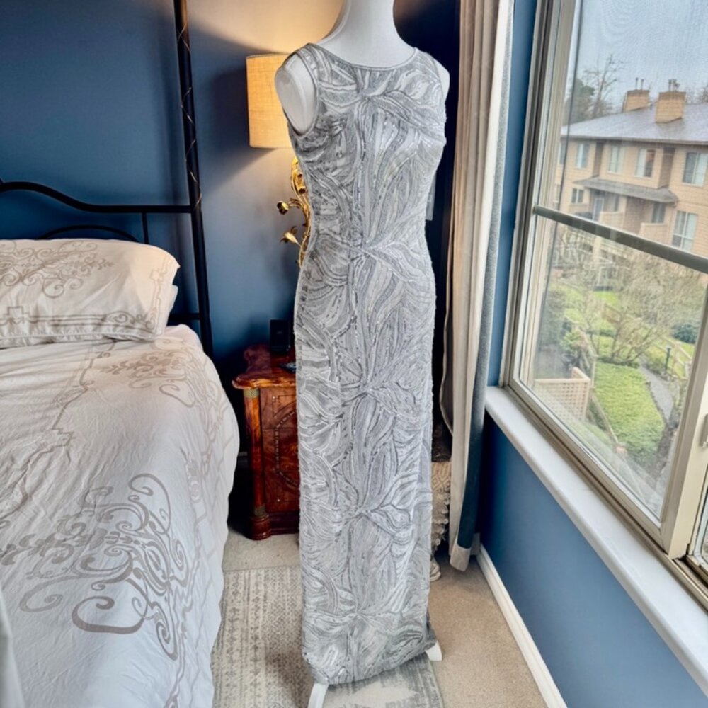Tahari Silver Sequinned Evening Gown